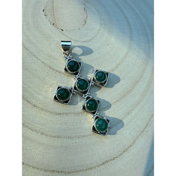 Artisan Sterling Silver Cross Pendant G Onyx  Cabochon Stones Religious Crucifix - Picture 5 of 10